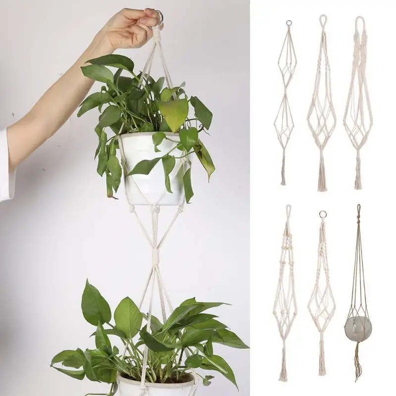 
Hand-woven Cotton Rope Plant Hangers Flower Pot Hanging Basket for Home Garden String Bag Decoration Cotton Potted Plant Basket 