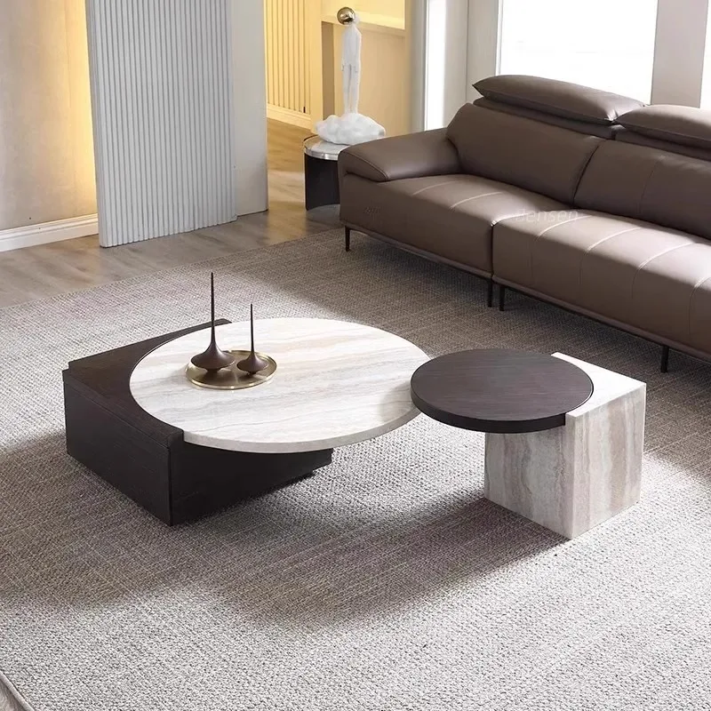 Italian Minimalist Designer Creative Living Room Wooden Round Coffee Table Set of 2 with Drawer Marble Stone Coffee Table Models