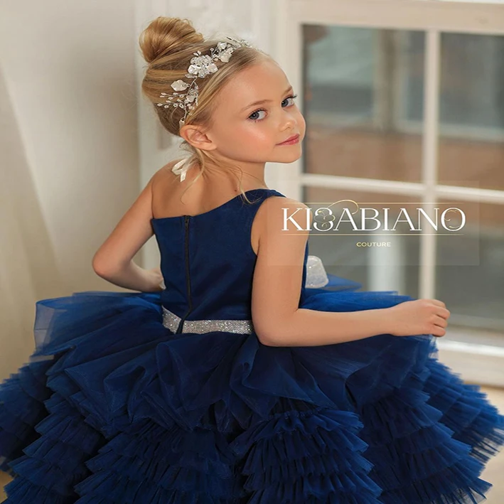 One Shoulder Cupcake Tulle Wedding Flower Girl Dress Kids Birthday Party Dress