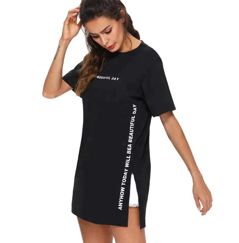 Black tall tee shirt for women split hem t shirt long cotton tshirt dress short sleeve