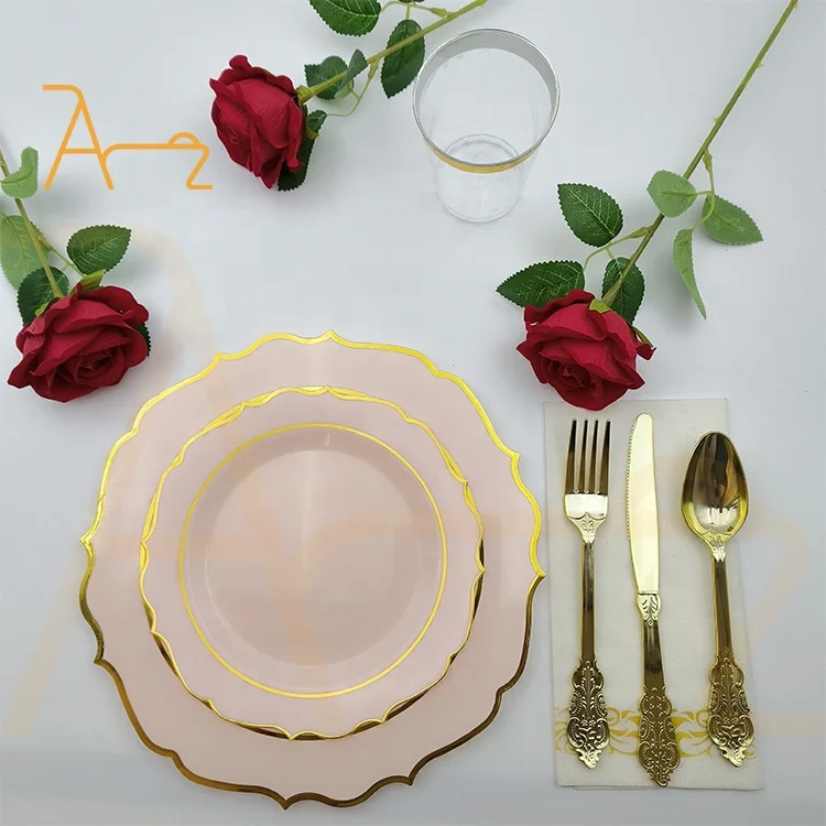 Wholesale pink plastic dinner charger plates dinnerware sets with napkin spoon fork knife cup party supplies disposable plates