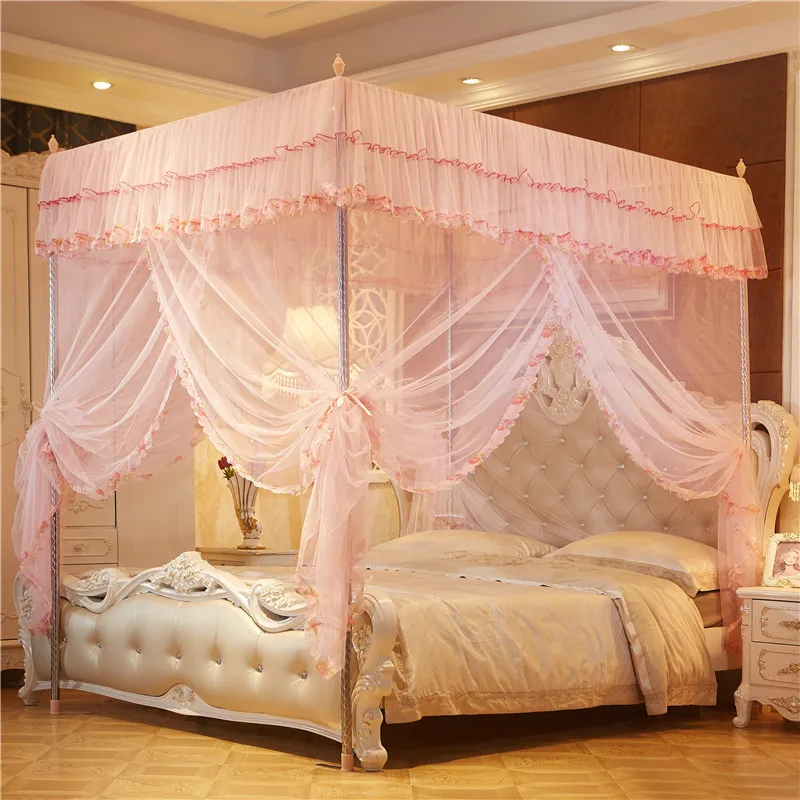 Wholesale Princess Stainless steel Frame rectangular Palace Curtain Lace King Size Bed Mosquito Net