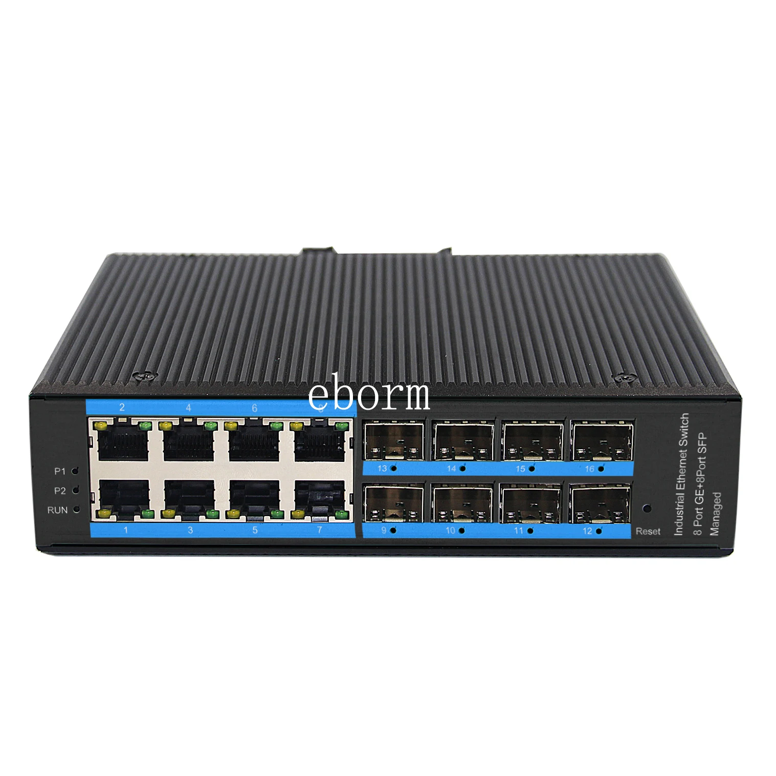 Industrial Gigabit PoE+ DIN-Rail Fiber Network Switch 8 x Gigabit PoE+ Ports 8 x 1.25G SFP Fiber Ports