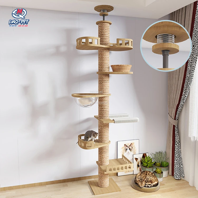 Luxury Wooden Floor-to-ceiling Cat Climbing Scratcher Cat Tree Condo Furniture Scratch Post Large Cat Tree Tower
