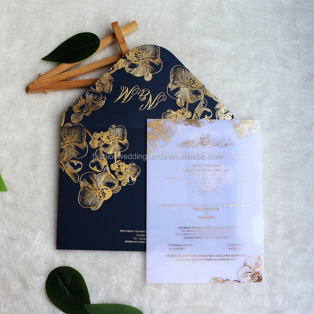 Modern Chinese Elegant Blue White Orchid Acrylic Wedding Invitations with Hot Foil and white acrylic cards with gold text