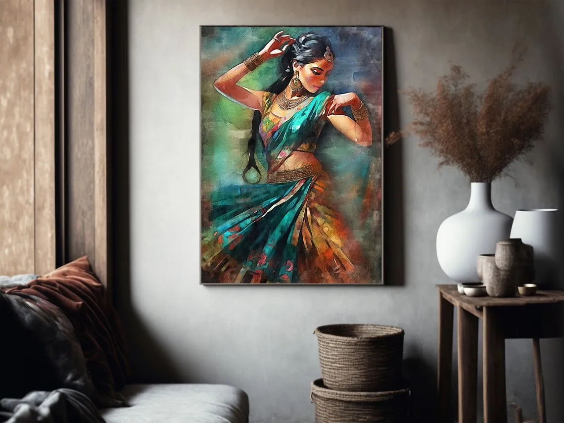 Indian Wall Art Beautiful Woman Folk Dance Painting Indian Royal Lady Art For Living Room Home Decoration