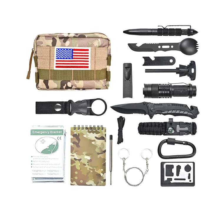 Tactical Gear Emergency Survival Gear Kit 16 in 1 Tool for Camping Hiking Hunting Fishing
