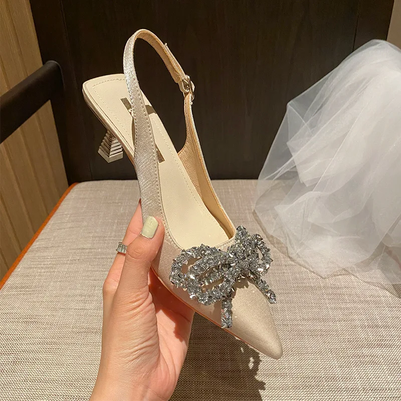 Chaussures Femmes Luxe High Quality Rhinestone Silk Pumps Slingback Luxury Trendy  Heels for Ladies