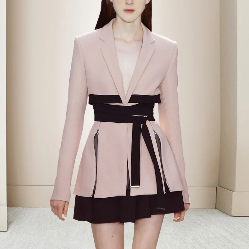 Women Business Notched Lace Up Pink Blazer Drawstring Mini Length Skirt Sets Office Career Elegant Ladies 2 Pieces Skirt Suit