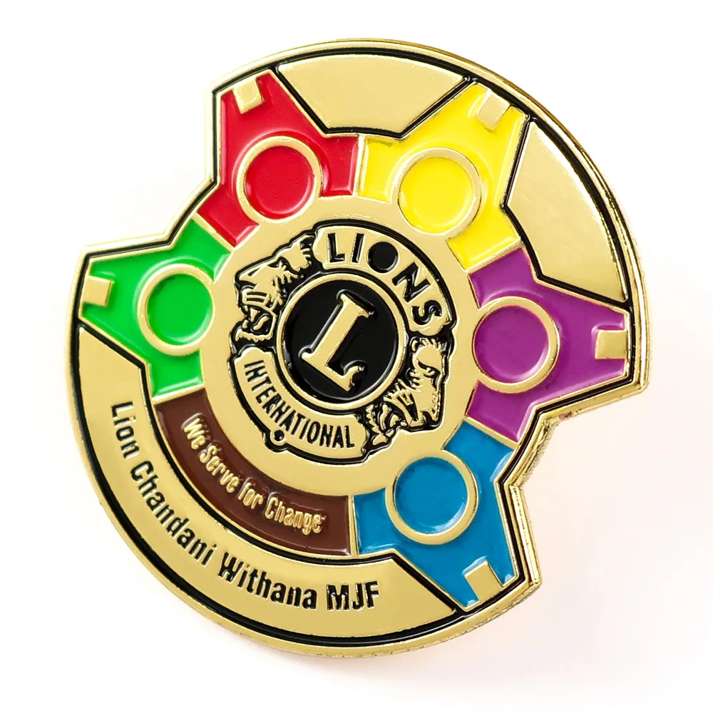 Free custom positive lions club international metal gold badge screw back pins