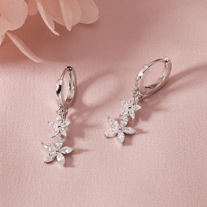 100% Real S925 Sterling Silver Dangle Drop Hoop Earrings Luxury Cubic Zirconia Flower Shape Pendant Hoops Piercing Earrings
