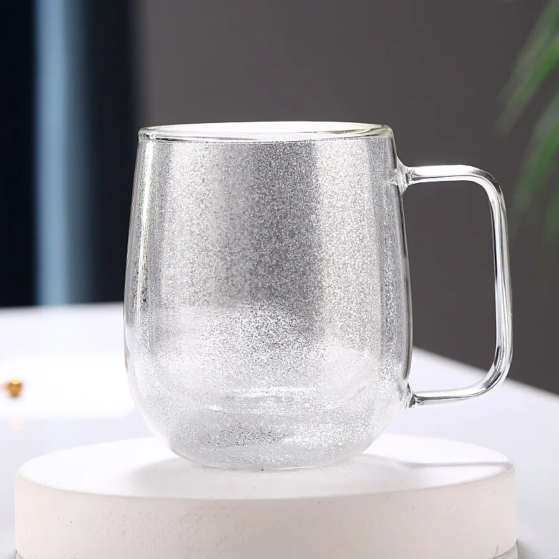 Wholesale Colorful Liquid Sand Double-Layer Glass Cup with Drilled Crystal Art, Sand-Filled Coffee Cup