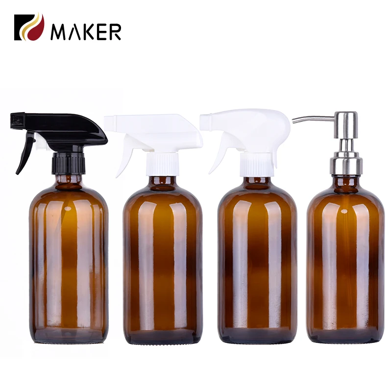 500ml amber brown boston round refillable shampoo dispenser lotion glass spray bottle with trigger sprayer pump for liquid soap