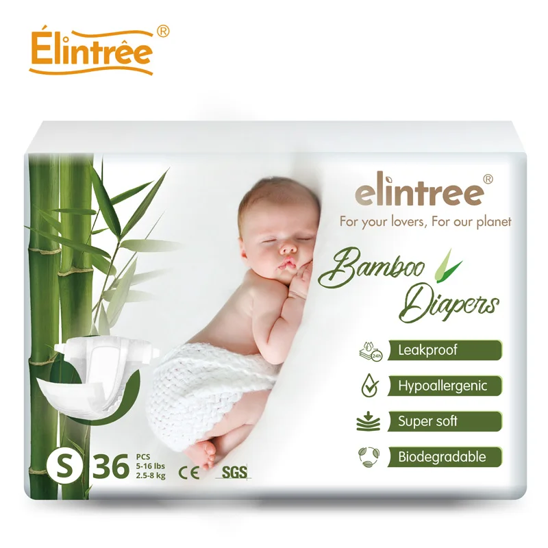 Elintree OEM Manufacturer Eco-friendly Biodegradable 100% Bamboo Breathable Disposable Bamboo Baby Diapers