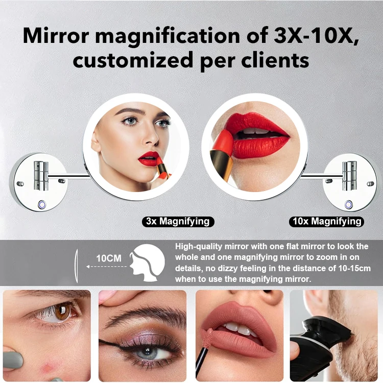 Wholesale Prices Custom Logo LED Double Sided Wall Mounted Mirror Retractable Cosmetic Mirror Lighted Makeup Mirror