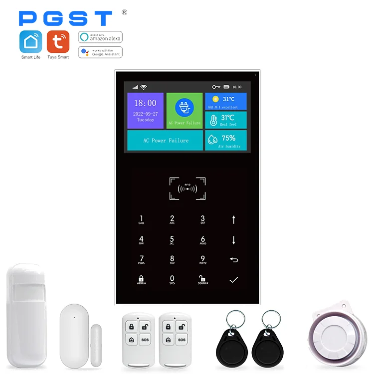 PGST 4G Wireless Home Alarm System WiFi Alarm System EU Version EU Plug 4.3 Inch IPS Color Display Screen Burglar Alarm System