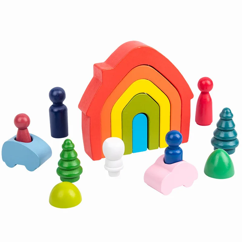 Building Blocks Educational Loose Parts Wood Rainbow Stack Blocks Tree Puzzle Wooden Toys.