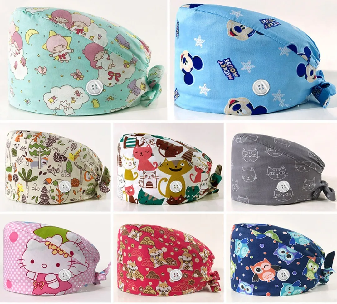 100% Cotton Ladies Anti-hair Cap Hospital Uniform Printed Scrub Nurse Hat pet nursing scrubs caps satin lined hat beauty cap