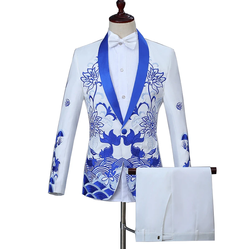 Designer Pakistani 2 Piece Embroidered Crea White Navy Blazer In Fat Men Wedding Suits