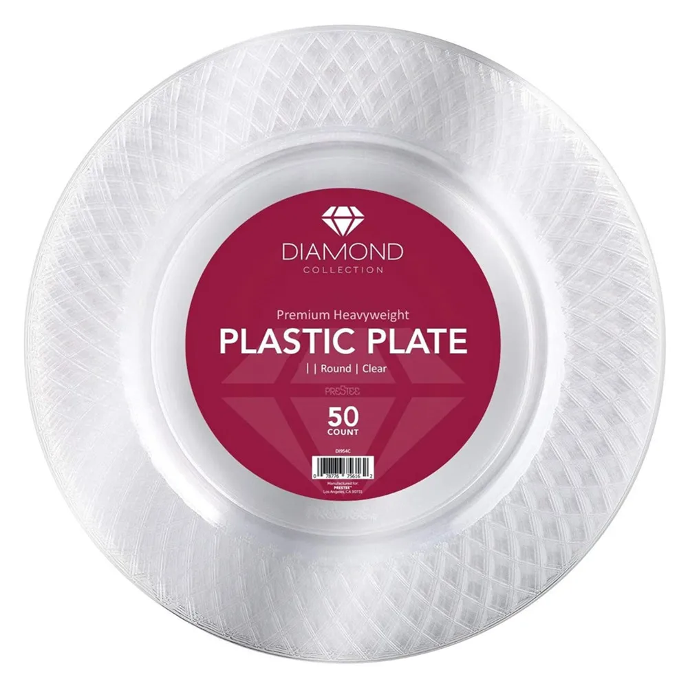 Disposable  Crystal Clear Diamond Plastic Plate Set 6.25 Inch Fancy Hard Round Heavy Duty for Wedding Party
