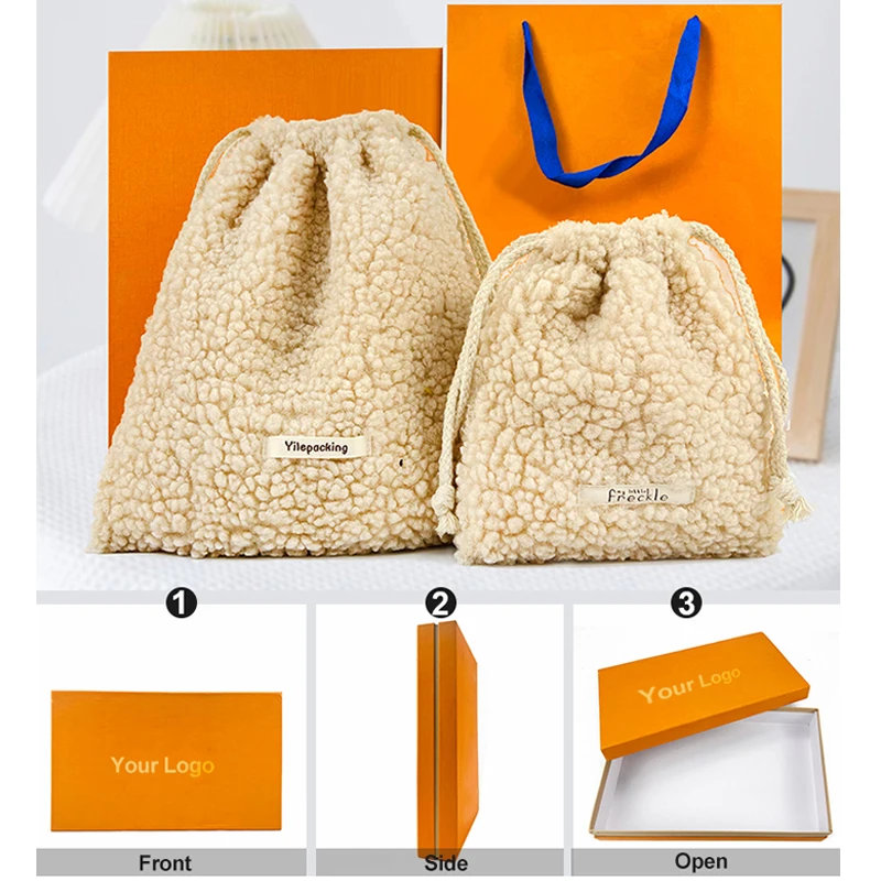 SA8000 GRS Yile Custom Fleece Drawstring Bag with Cotton Lining Sherpa Women Cosmetic Travel Pouch Favor Bags