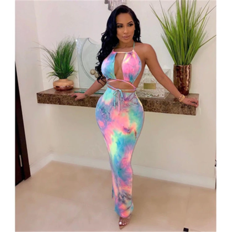 Woman Sexy Summer Tie-Dye Slim Skinny Backless Bikini Style Top and Tight Dress Clothes