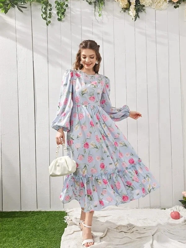 KY Floral Print Lantern Sleeve Ruffle Hem dress mother and daughter matching dresses for girls