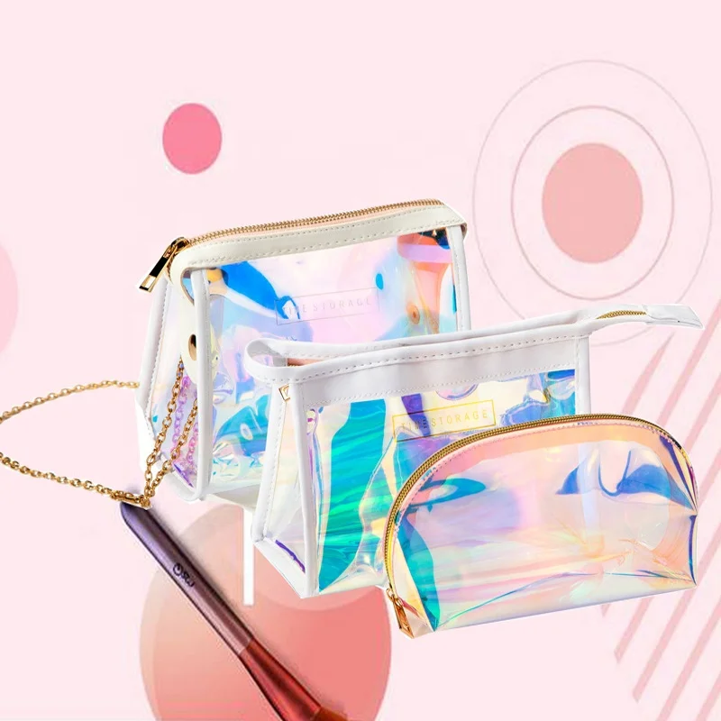 Ready or Customized Fashion Travel Clear TPU or Pvc Organizer Woman Makeup Holographic Cosmetic Bag Sets&Cases