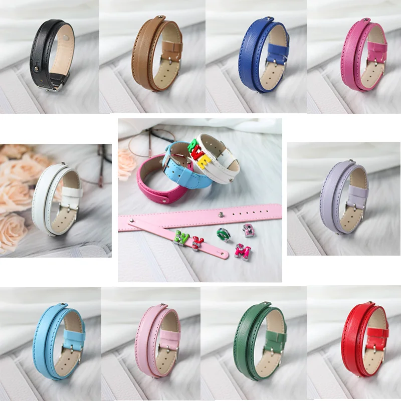 18+8mm PU Leather Wristband PU Bracelet have a 8mm small belt on fit 8mm sliders charms letter DIY Accessory