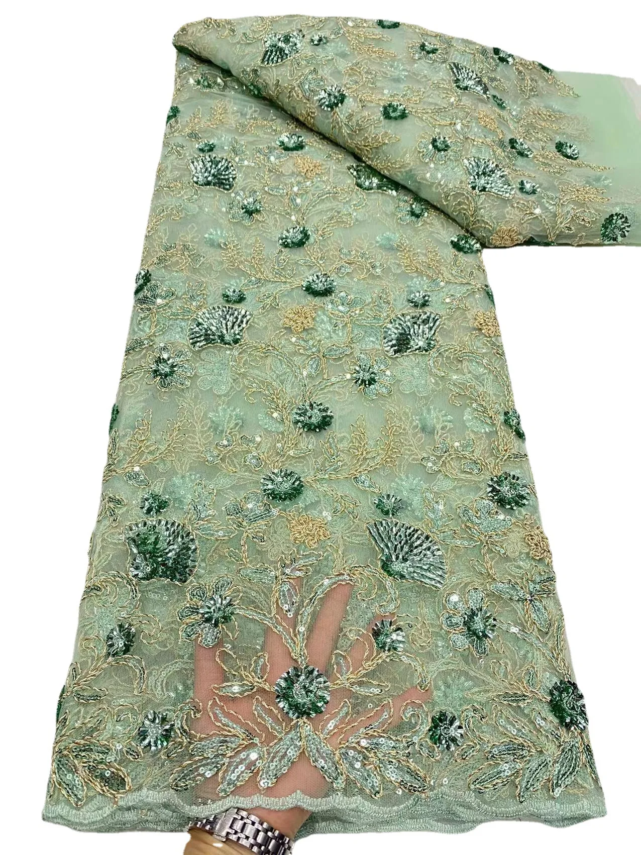 Luxury Lace Fabric Dubai Hand Beaded Tulle Lace Fabric Embroidered Applique African Nigerian Fabric For Sewing