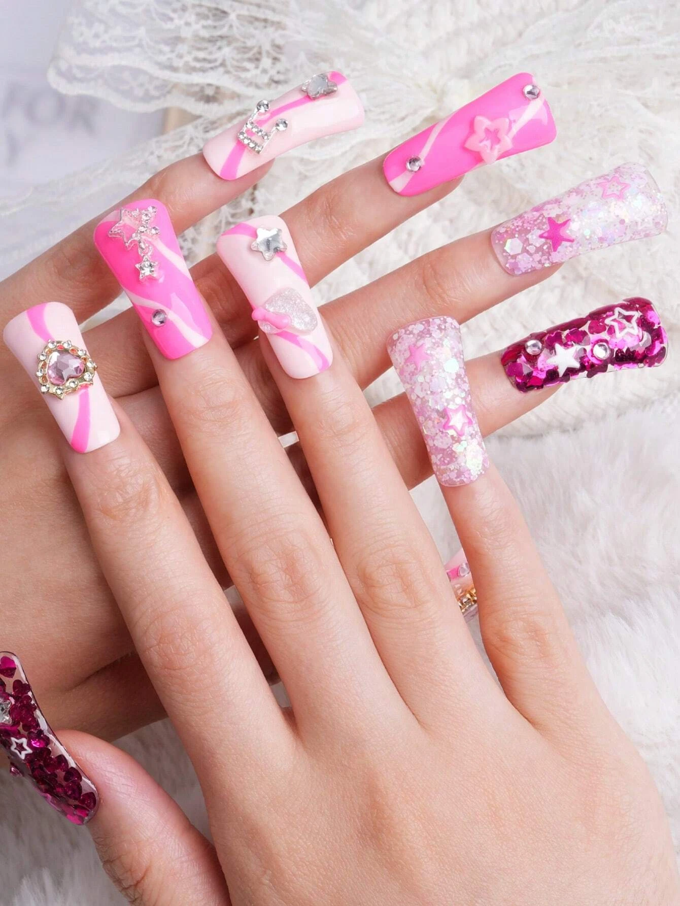 10pcs Exclusive Design Duck Nails Y2K Pink Glitter Handmade Press On Nails With 3D Gem Rhinestones