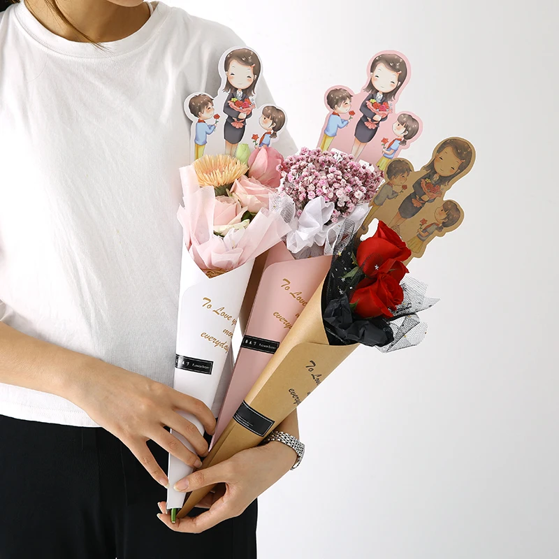 Cheap cartoon bouquet paper recycled colorful flower wrapping sleeve