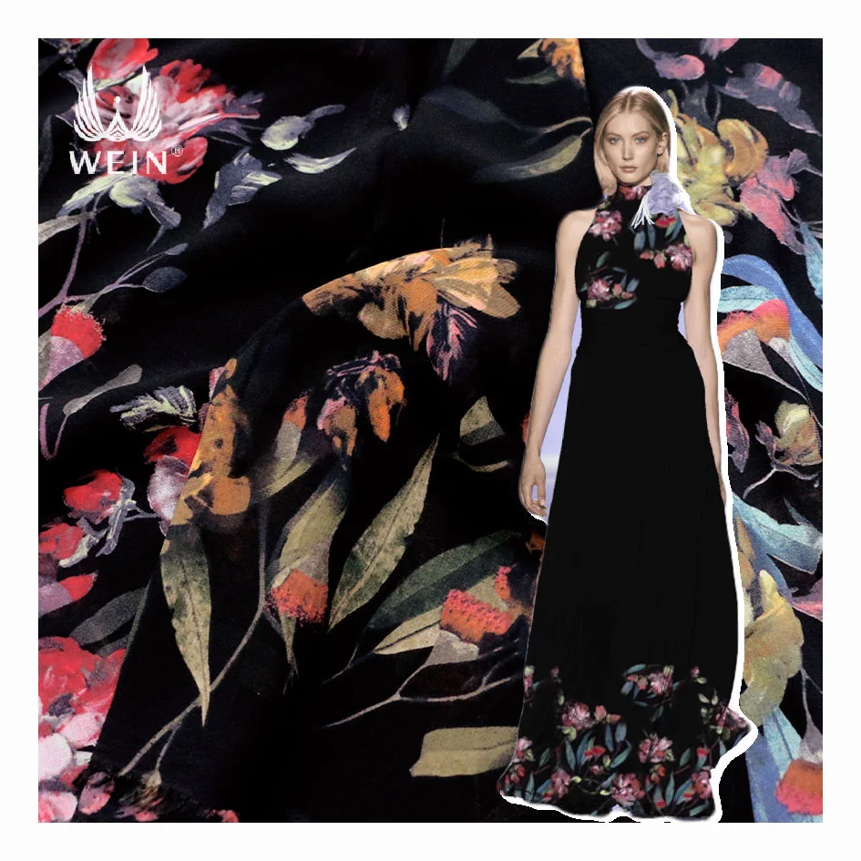 WI-A08 New fashion Anti-Static double border flower 1 00% polyester print chiffon fabric for clothes