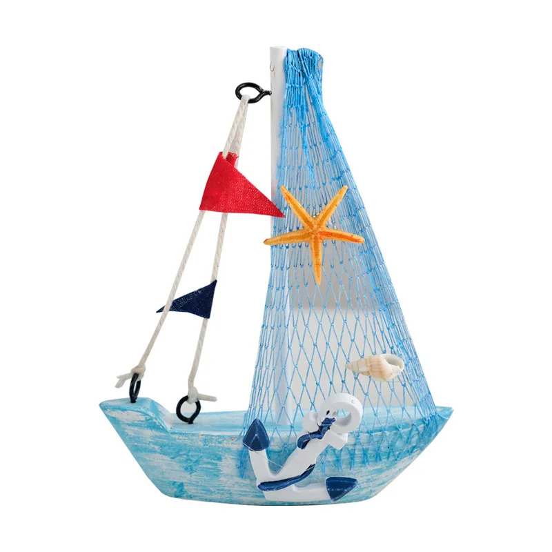 Mediterranean Style 15 cm Small Sailboat Model Wooden Boat Decoration Office Home Handcrafted Sailing Ornaments Desktop Wall