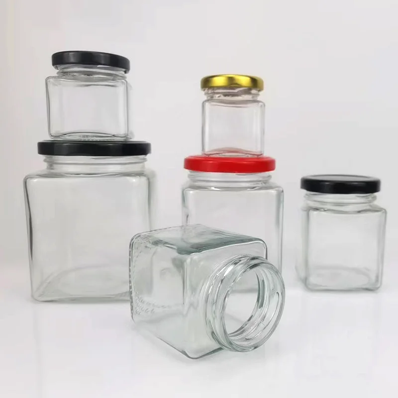 In stock 50-730ml square clear glass empty jar honey jar Pickled vegetables bottle with cap