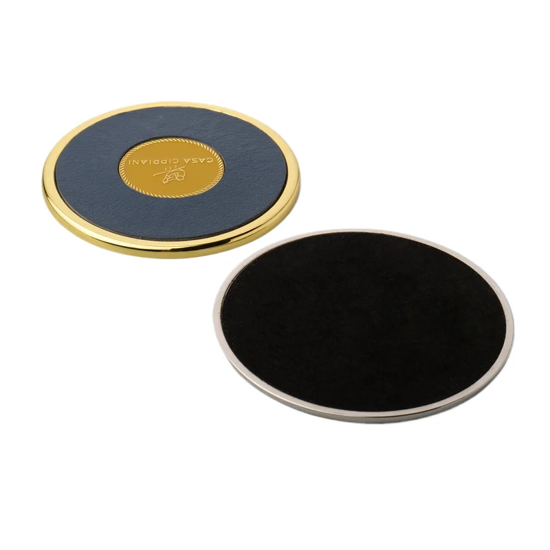 luxury promotional Custom Logo High Quality Round Shaped real leather Coasters Metal Cup Mat Coaster