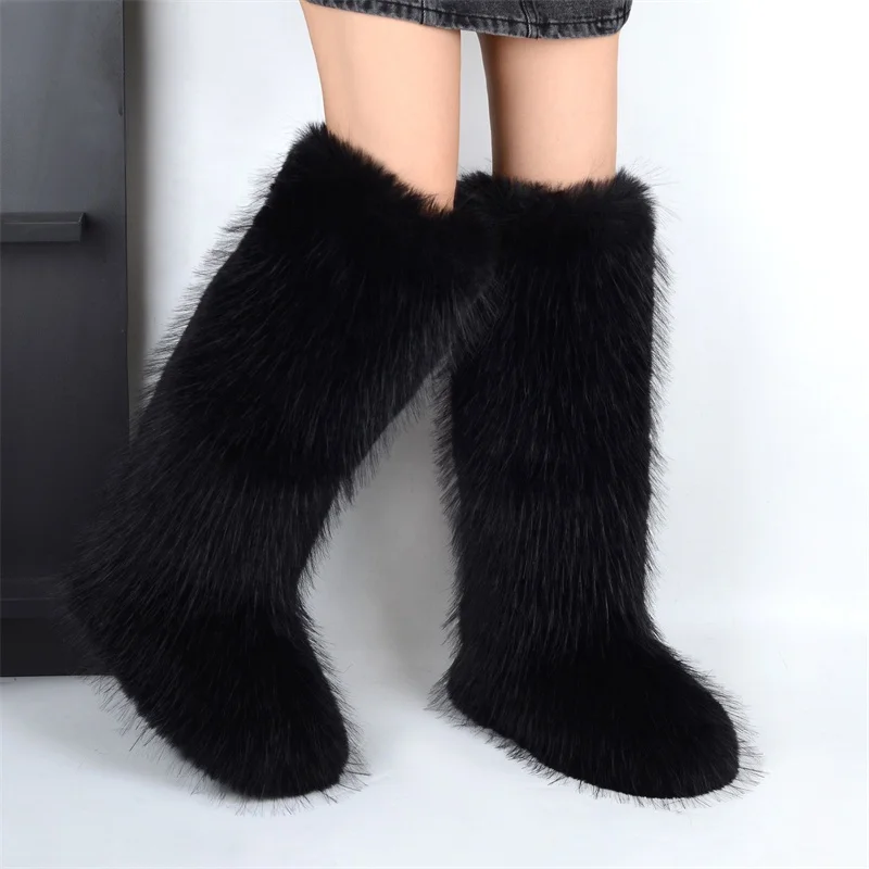 2024 Mongolian Women Boots Furry Colorful Winter Shoes Girls Warm Flat Casual Non-slip Footwear Faux Fur Snow Boots