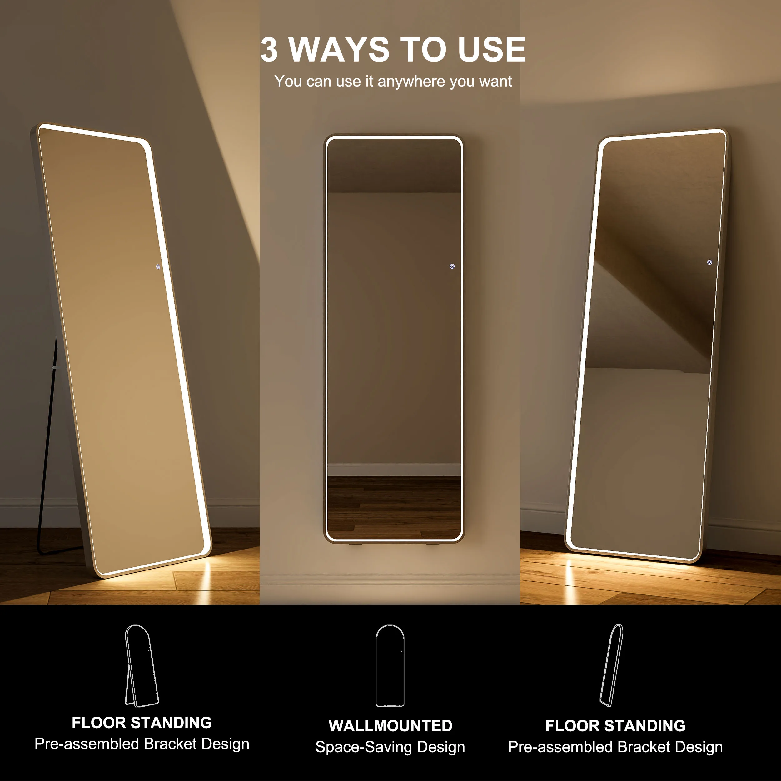 Lighted Aluminum Frame Smart Large Size Decorative Stand Up Body Dressing Floor Mirror Led Full Length Mirrors With Lights