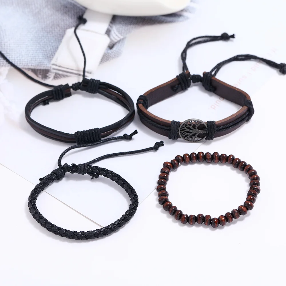 4pcs/ Set Braided Wrap Vintage Life Wristbands Magnetic Bangle adjustable leather customizable bracelet man for men