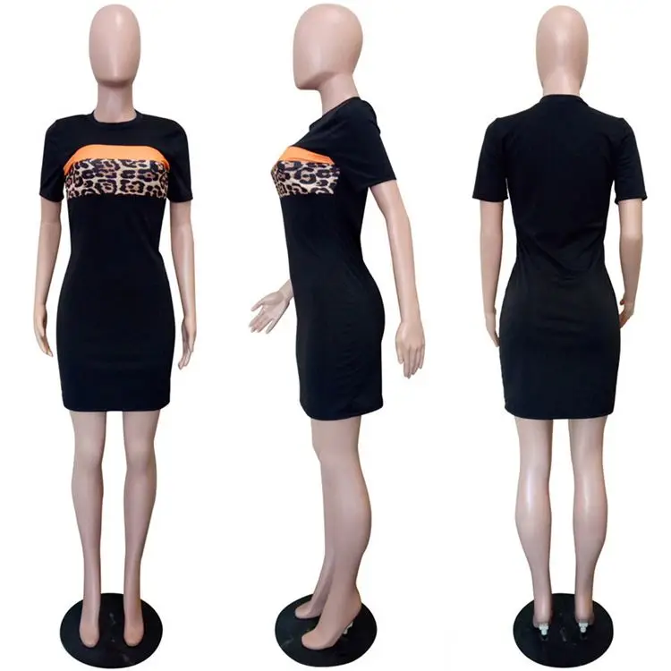 
0819M372 Custom Ladies Round Neckline Short Sleeve Casual Leopard Contrast Color Patchwork Women Summer Short Mini T Shirt Dress 