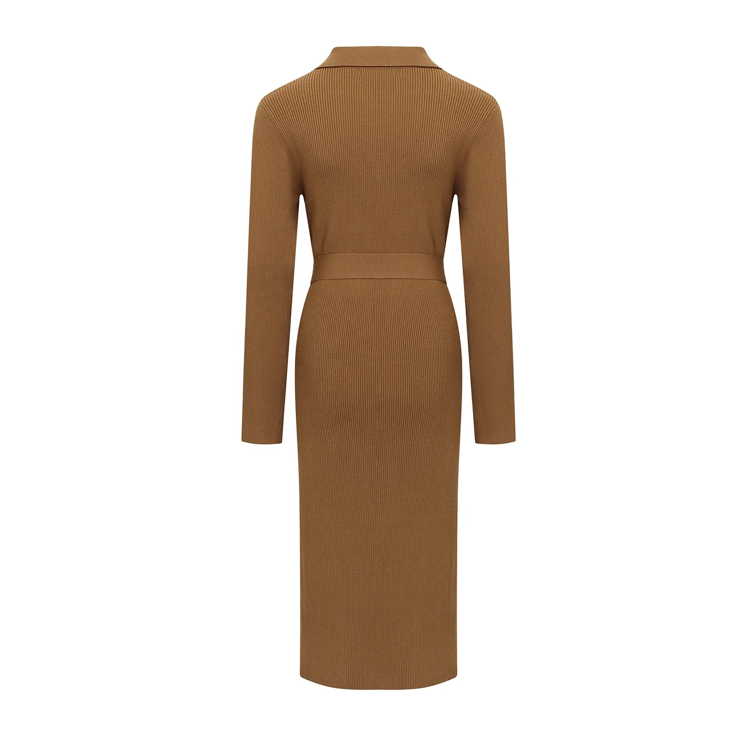 Custom Dress Manufacturer Women V Neck Long Sleeve Bodycon Sweater Dress Button Up Tie Waist Ribbed Knit Midi Shirt Dress