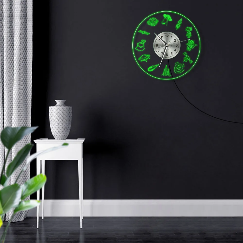 Astronaut Alien Acrylic Lighting Night Wall Watches Universe Space Decor LED Wall Clock