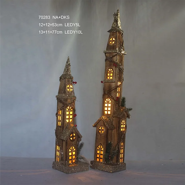 indoor mini wooden lighted church house village with led lights for Christmas decoration