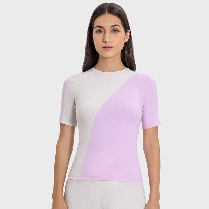 Sports T-shirt With Colour Blocking Slim Fit Gym Fitness Short Sleeve Tee With Asymmetrical Design Stretch Running TrainingTops