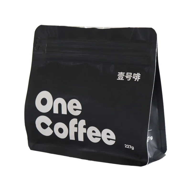 Custom printed private label matte black aluminum foil stand up pouch with zipper flat bottom coffee packaging bag with valve