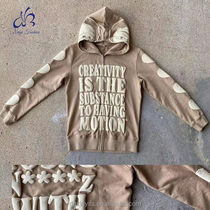 OEM Custom logo Streetwear 100% Cotton  3D Puff Print Chenille Embroidery full zip up Sweatshirt puff print Hoodies
