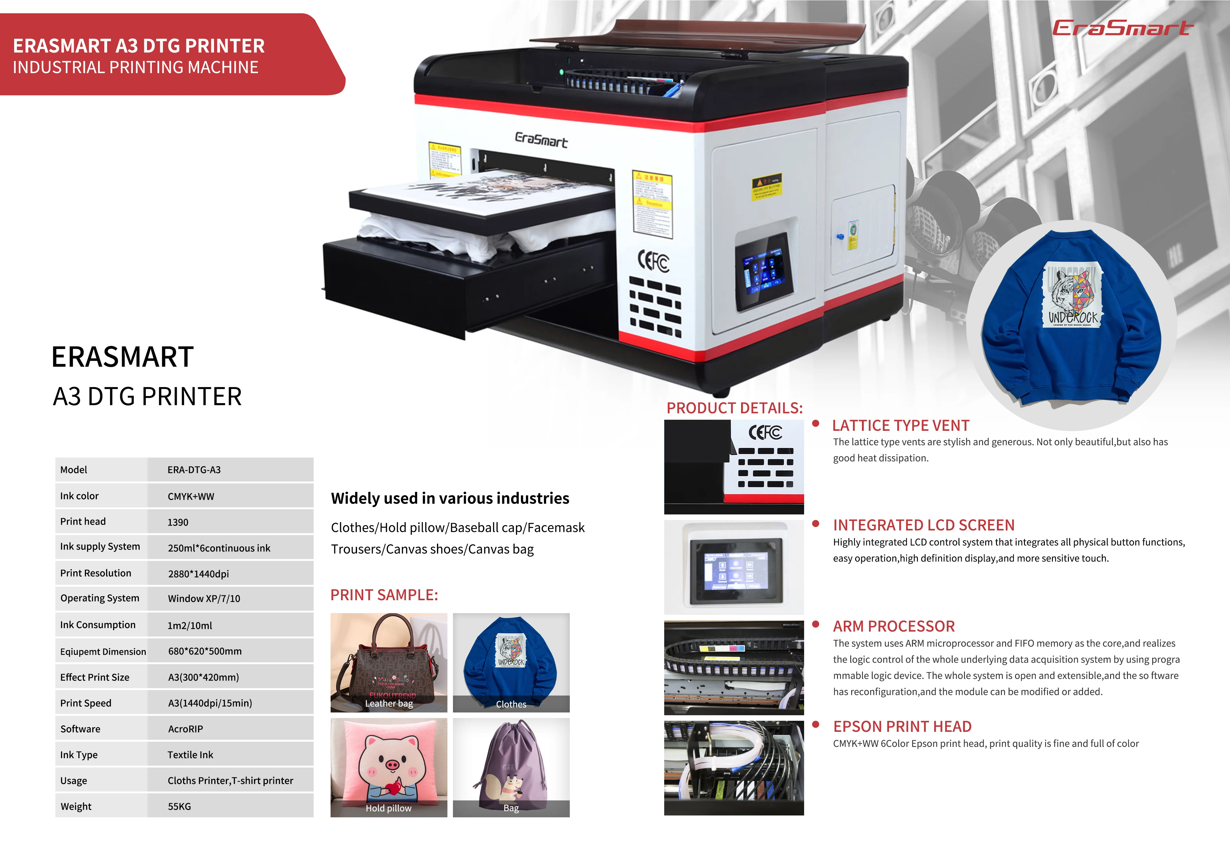 EraSmart Imprimante DTG Printing Services DTG Printer T-shirt Printing Machine A3