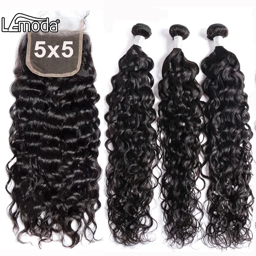 Lemoda 9-14A Grade Raw India Cuticle Aligned Virgin Mink Brazilian Remy Hair Weave Water Wave Human Hair Bundles With Closure