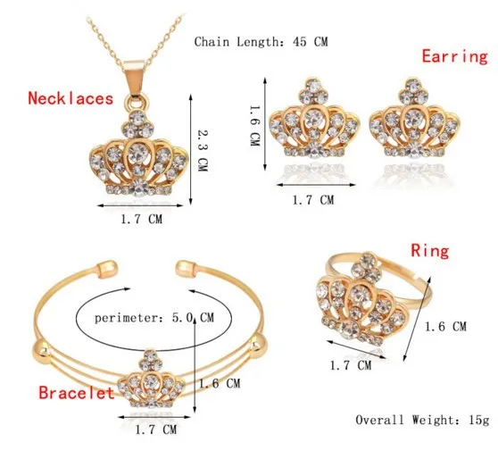 Cute Gold Crown Necklace Earrings Sets Jewelry Crystal Women Lovely Gold Color Kids Jewelry Sets