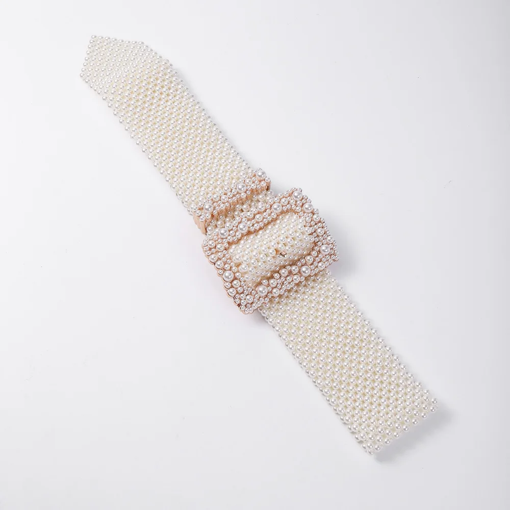 Fashion Lady Luxury Handmade White Beads Women Wide Waist Artificial Pearl Belt with Square Buckle